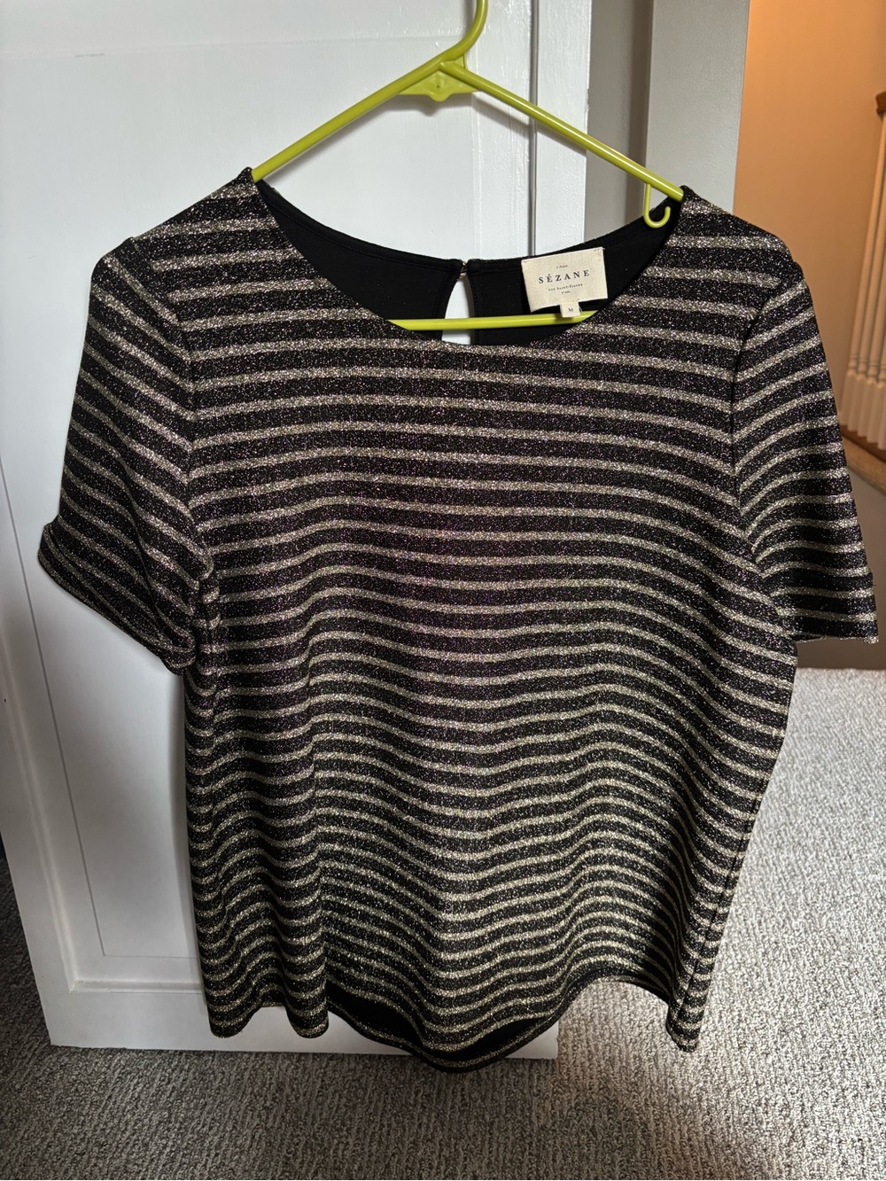 Sezane Black and Metallic Stripe Short Sleeve Blouse